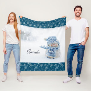 Photo of a Cute Snowman in Winter - Christmas Fleece Blanket