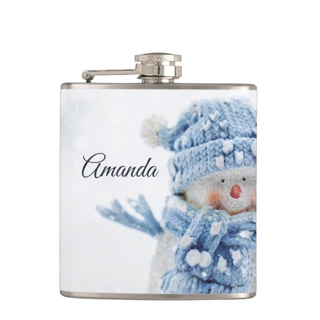 Photo of a Cute Snowman in Winter - Christmas Hip Flask (Front)
