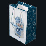 Photo of a Cute Snowman in Winter - Christmas Medium Gift Bag<br><div class="desc">A gift bag with a cute photograph of a little snowman. Standing outside in the winter with snow falling all around. This cute little guy is dressed up in blue knitted hat and scarf.  Snowflake pattern background.</div>