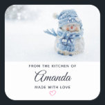 Photo of a Cute Snowman in Winter - Christmas Square Sticker<br><div class="desc">Kitchen stickers with a cute photograph of a little snowman. Standing outside in the winter with snow falling all around. This cute little guy is dressed up in blue knitted hat and scarf.</div>