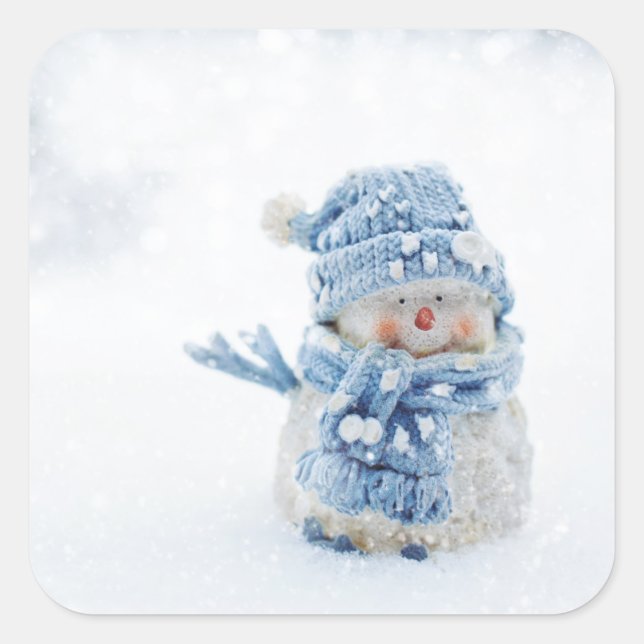 Photo of a Cute Snowman in Winter - Christmas Square Sticker (Front)