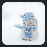 Photo of a Cute Snowman in Winter - Christmas Square Sticker<br><div class="desc">Thank you stickers with a cute photograph of a little snowman. Standing outside in the winter with snow falling all around. This cute little guy is dressed up in blue knitted hat and scarf.</div>