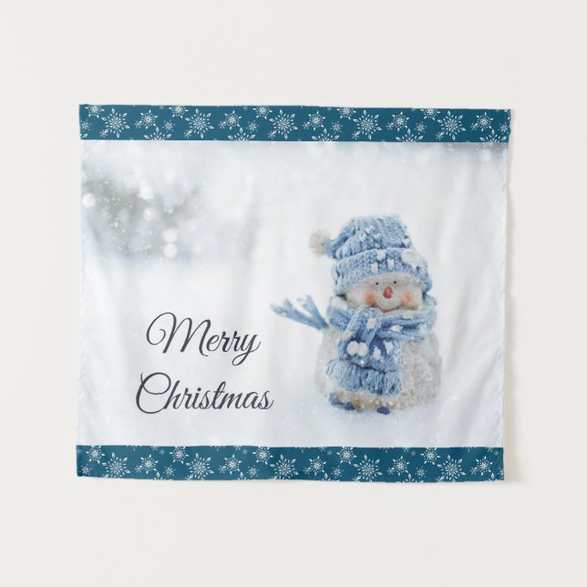 Photo of a Cute Snowman in Winter - Christmas Tapestry (Front (Horizontal))
