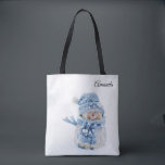 Photo of a Cute Snowman in Winter - Christmas Tote Bag<br><div class="desc">A tote bag with a cute photograph of a little snowman. Standing outside in the winter with snow falling all around. This cute little guy is dressed up in blue knitted hat and scarf.  The back has a snowflake pattern on dark blue.</div>