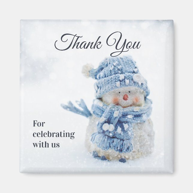 Photo of a Cute Snowman in Winter Thank You Magnet (Front)