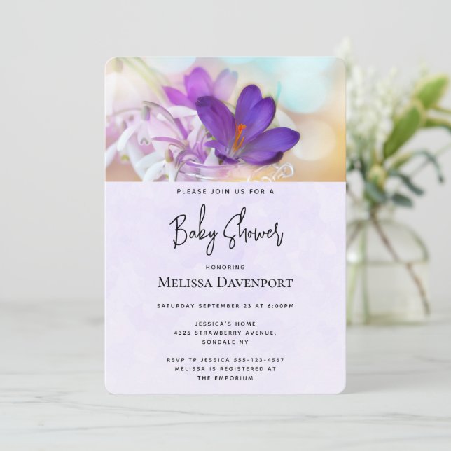 Photo of a Pretty Purple Spring Crocus Baby Shower Invitation (Standing Front)