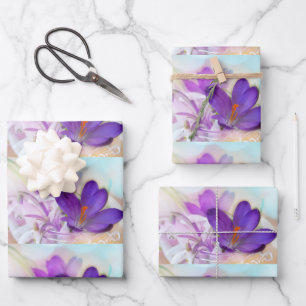 Photo of a Pretty Purple Spring Crocus Patterned Wrapping Paper Sheet