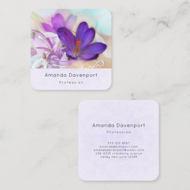 Photo of a Pretty Purple Spring Crocus Square Business Card (Front/Back)
