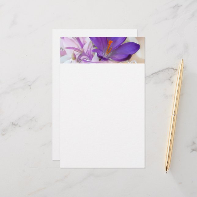 Photo of a Pretty Purple Spring Crocus Stationery (Front/Back In Situ)