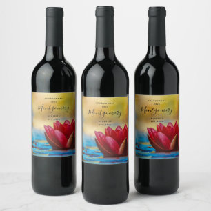Photo of a Red Lotus Flower in a Pond Wine Making Label