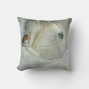 Photo of a White Horse and Bird in Winter Cushion