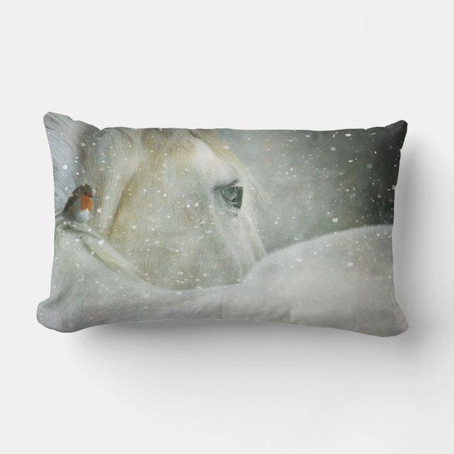 Photo of a White Horse and Bird in Winter Lumbar Cushion (Front)