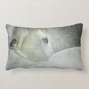 Photo of a White Horse and Bird in Winter Lumbar Cushion