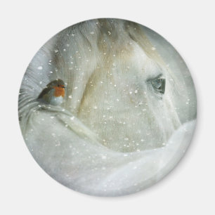 Photo of a White Horse and Bird in Winter Magnet