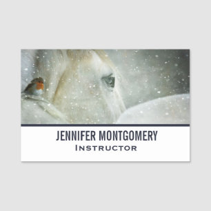 Photo of a White Horse and Bird in Winter Name Tag