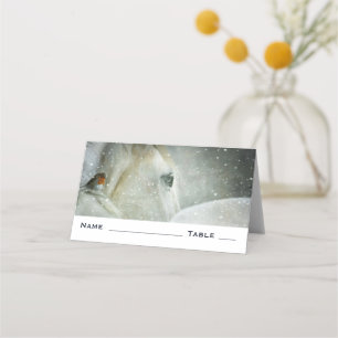 Photo of a White Horse and Bird in Winter Place Card