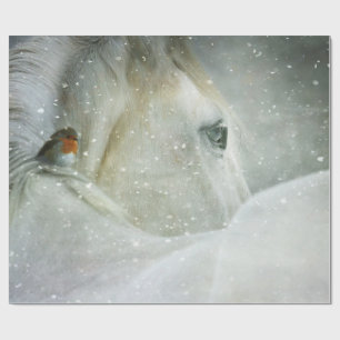 Photo of a White Horse and Bird in Winter Wrapping Paper