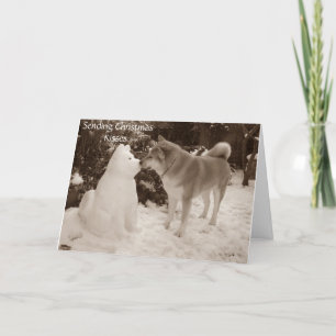 photo of akita kissing snowman snow dog holiday card