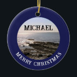 Photo of Atlantic Ocean Add Name to Navy Blue Ceramic Tree Decoration<br><div class="desc">This beautiful ornament features a photo of the Atlantic Ocean.   Photo and text are customisable on front and back.</div>
