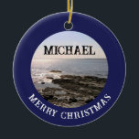 Photo of Atlantic Ocean Add Name to Navy Blue Ceramic Tree Decoration<br><div class="desc">This beautiful ornament features a photo of the Atlantic Ocean.   Photo and text are customisable on front and back.</div>
