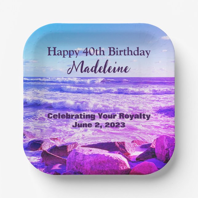 Photo of Atlantic Ocean Waves 40th Birthday Purple Paper Plate (Front)