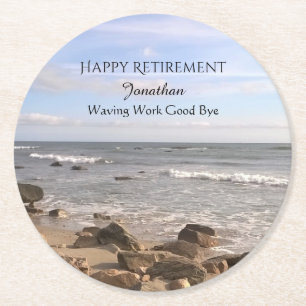 Photo of Atlantic Ocean Waves Happy Retirement Round Paper Coaster