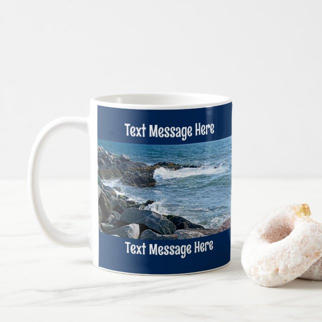 Photo of Atlantic Ocean with Waves Crashing Blue Coffee Mug (With Donut)