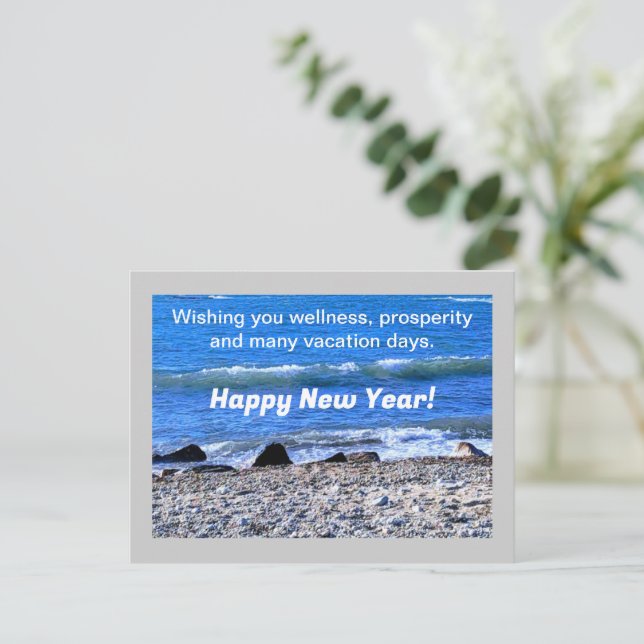Photo of Blue Ocean Happy New Year Wishes Holiday Postcard (Standing Front)
