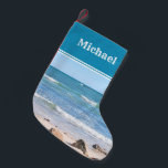Photo of Blue Ocean Waves Sandy Beach Small Christmas Stocking<br><div class="desc">This beautiful stocking features a lovely photo of the ocean.   Can be customised with name or monogram.</div>