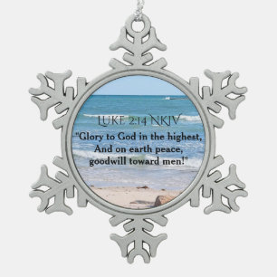 Photo of Blue Ocean with Christmas Bible Scripture Snowflake Pewter Christmas Ornament