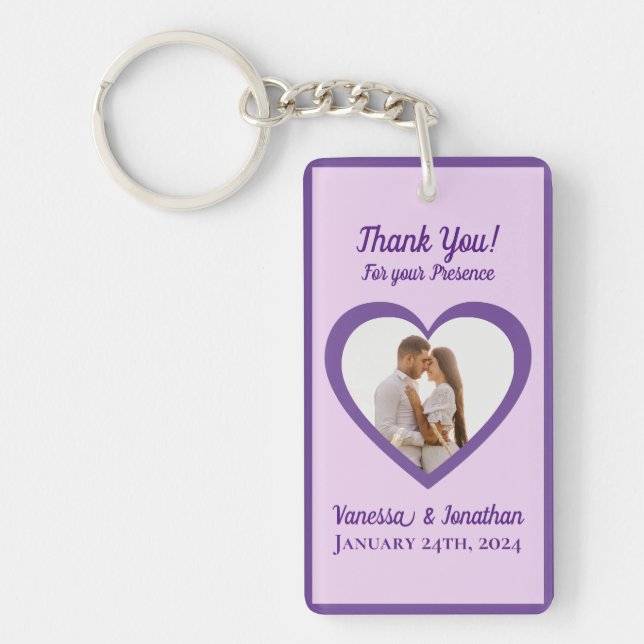 Photo of Couple  in Heart Wedding Favour  Purple Key Ring (Front)
