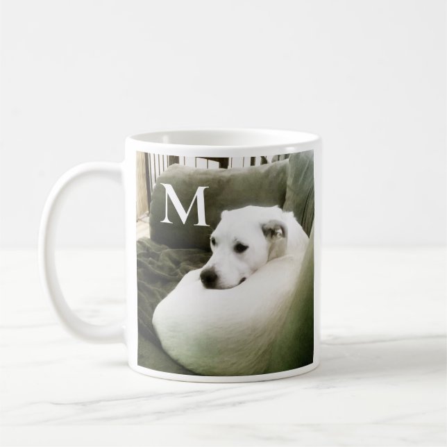 Photo of Curled Up White Dog Custom Single Initial Coffee Mug (Left)