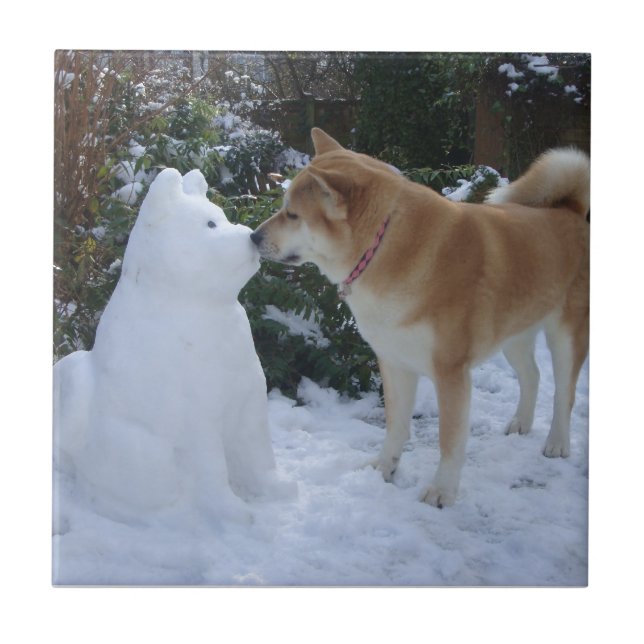 photo of cute akita kissing snowman akita dog tile (Front)