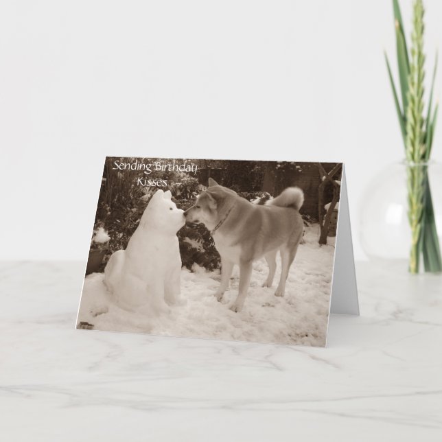 photo of cute akita kissing snowman snow dog holiday card (Front)
