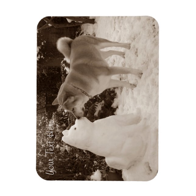 photo of cute akita kissing snowman snow dog magnet (Vertical)