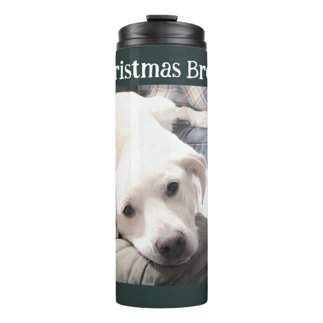 Photo of Cute Dog Christmas Break Green Thermal Tumbler (Front)