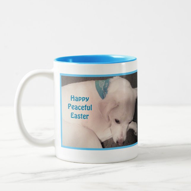 Photo of Cute Dog Peacefully Resting Blue Easter Two-Tone Coffee Mug (Left)