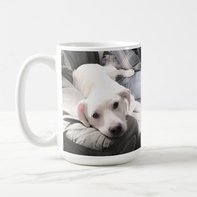 Photo of Cute Dog Sitting With Best Friend Blue Coffee Mug (Left)