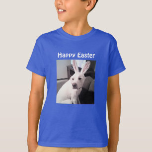 Photo of Cute Dog Wearing Easter Bunny Ears Blue T-Shirt