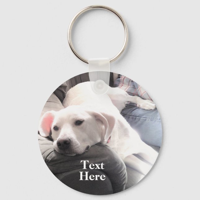 Photo of Cute Lazy White Dog Hanging Out with Dad Key Ring (Front)