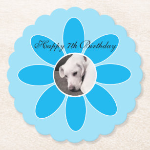 Photo of Cute Puppy Dog in Blue Flower Frame Paper Coaster