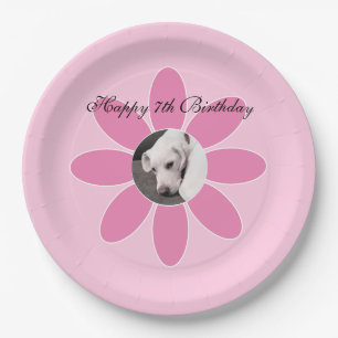 Photo of Cute Puppy Dog in Pink Flower Frame Paper Plate