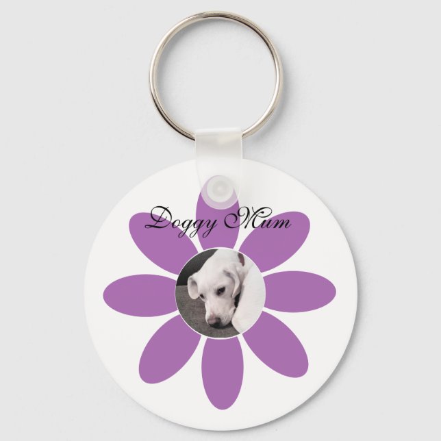 Photo of Cute Puppy Dog in Purple Flower Frame Key Ring (Front)