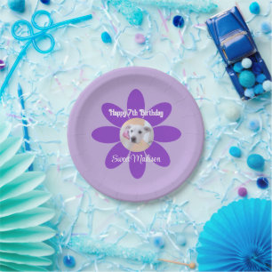 Photo of Cute Puppy Dog in Purple Flower Paper Plate