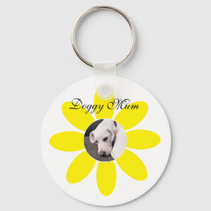 Photo of Cute Puppy Dog in Yellow Flower Frame Key Ring