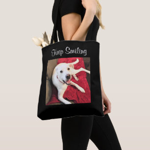 Photo of Cute Smiling White Puppy Dog Red Tote Bag