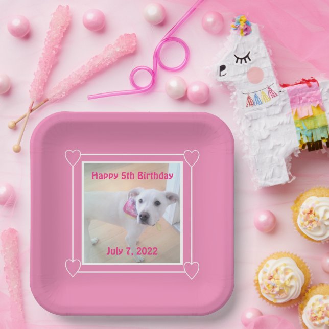 Photo of Cute Sweet White Puppy Dog Face Pink Paper Plate (Party)