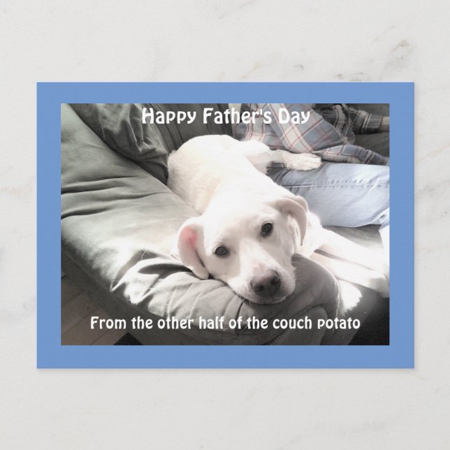 Photo of Cute Tired White Dog With Best Friend Dad Holiday Postcard (Front)