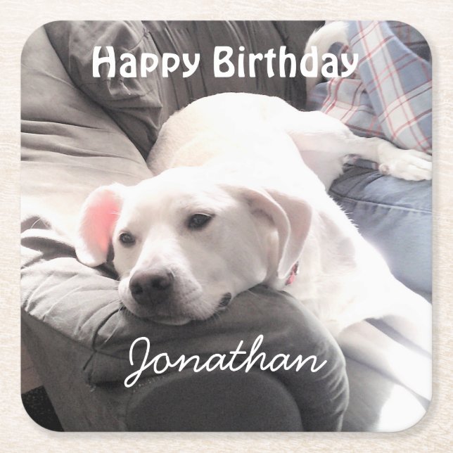 Photo of Cute Tired White Dog With Best Friend Dad Square Paper Coaster (Front)
