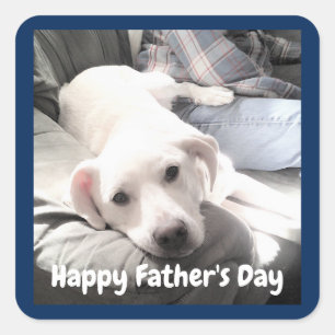 Photo of Cute White Dog Hanging Out with Dad Blue Square Sticker